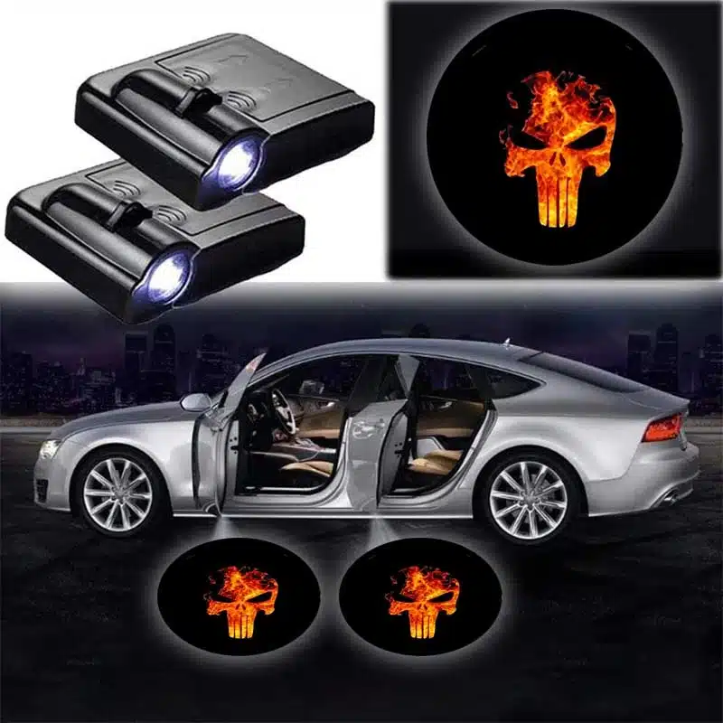 Paire Projecteurs de Porte LED Crâne pour Voiture, 2x Lumineux