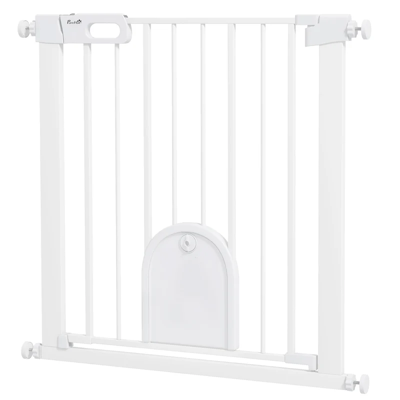 Barrière de sécurité pour animaux avec portillon 76 x 75-82 x 4 cm fermeture automatique moderne épuré en acier blanc 21_0007428
