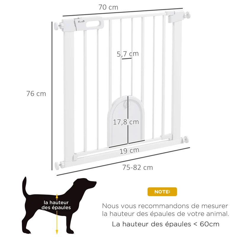 Barrière de sécurité pour animaux avec portillon 76 x 75-82 x 4 cm fermeture automatique moderne épuré en acier blanc 21_0007428