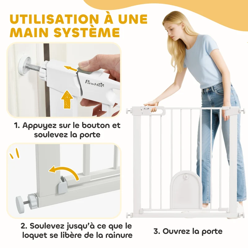 Barrière de sécurité pour animaux avec portillon 76 x 75-82 x 4 cm fermeture automatique moderne épuré en acier blanc 21_0007428