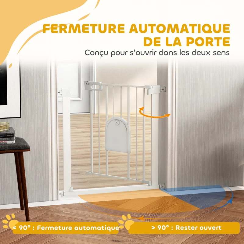 Barrière de sécurité pour animaux avec portillon 76 x 75-82 x 4 cm fermeture automatique moderne épuré en acier blanc 21_0007428