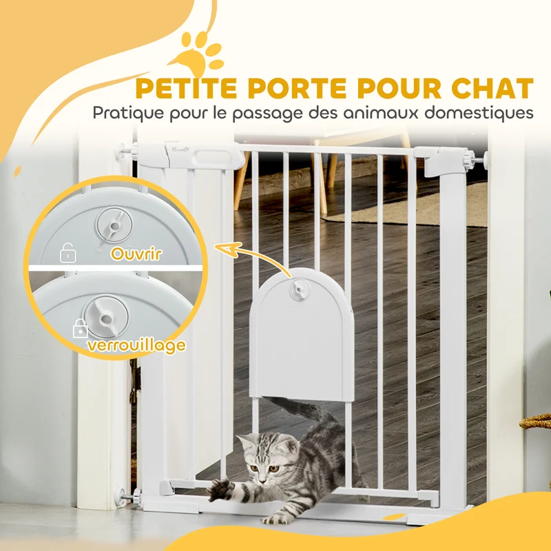 Barrière de sécurité pour animaux avec portillon 76 x 75-82 x 4 cm fermeture automatique moderne épuré en acier blanc 21_0007428