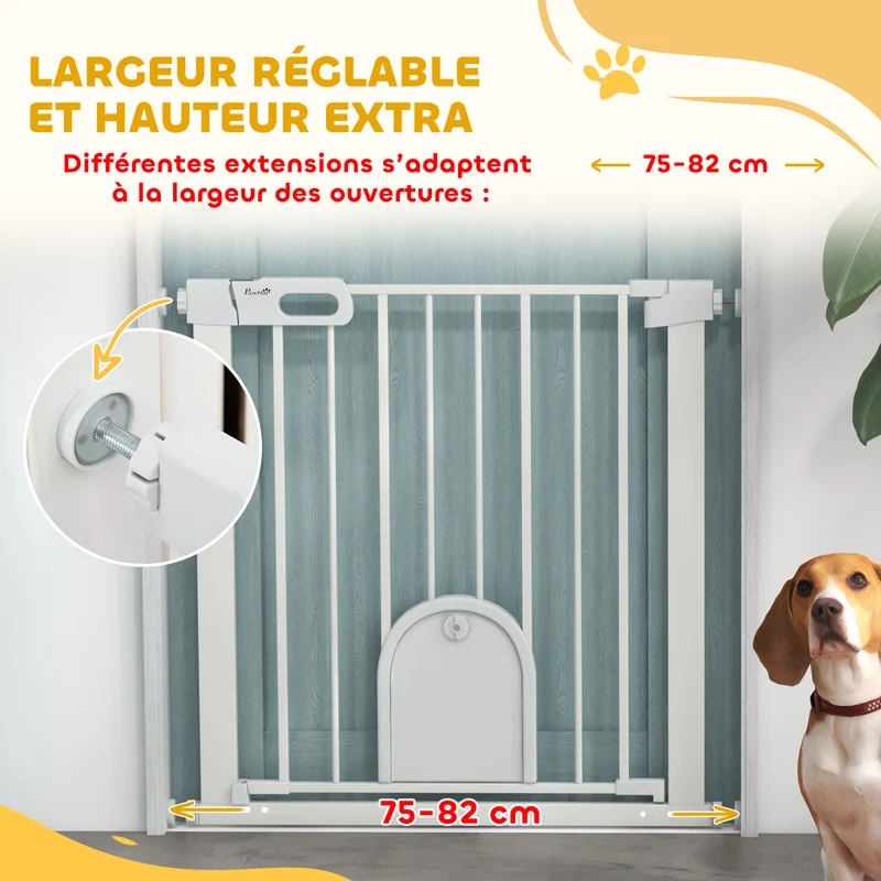 Barrière de sécurité pour animaux avec portillon 76 x 75-82 x 4 cm fermeture automatique moderne épuré en acier blanc 21_0007428