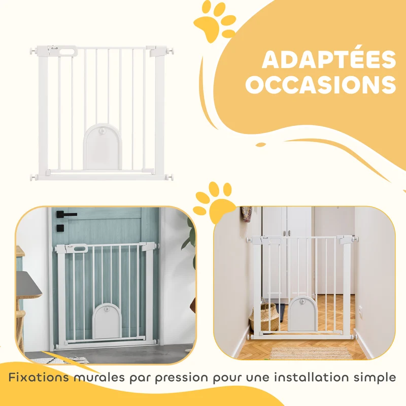 Barrière de sécurité pour animaux avec portillon 76 x 75-82 x 4 cm fermeture automatique moderne épuré en acier blanc 21_0007428