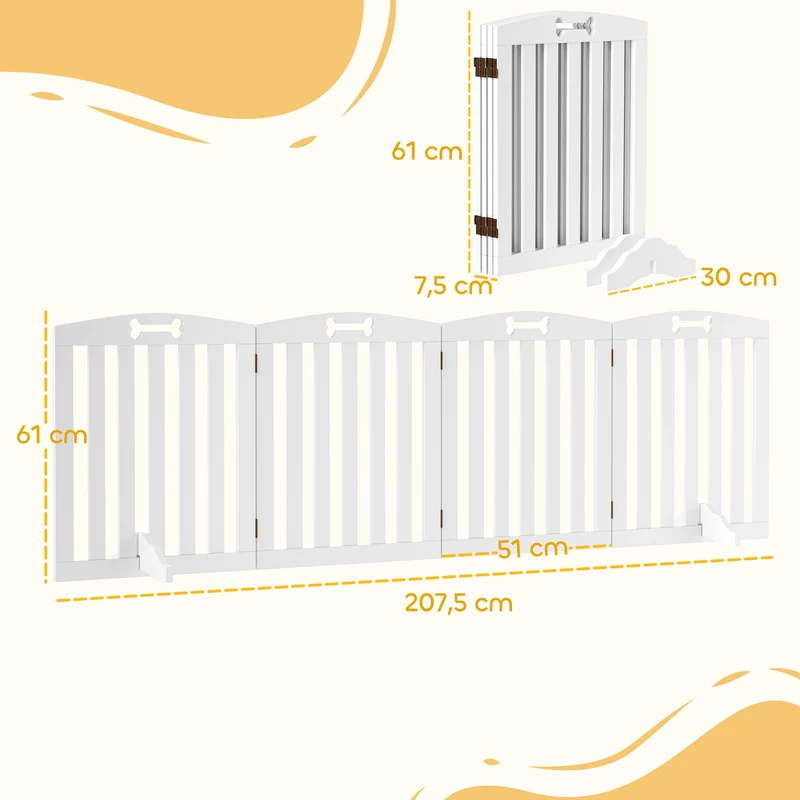 Barrière de sécurité pliable 4 panneaux pour chien escaliers 207,5 x 30 x 61 cm antidérapante moderne épuré en MDF blanc 21_0007472