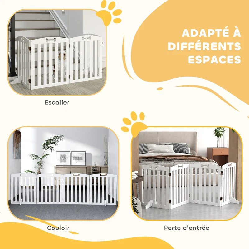 Barrière de sécurité pliable 4 panneaux pour chien escaliers 207,5 x 30 x 61 cm antidérapante moderne épuré en MDF blanc 21_0007472