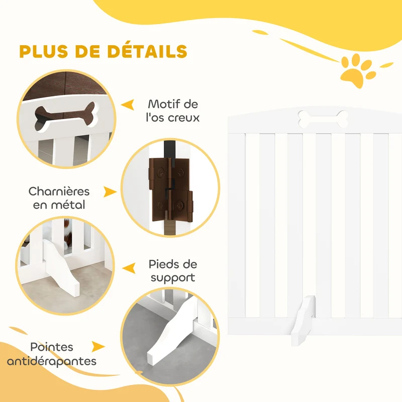 Barrière de sécurité pliable 4 panneaux pour chien escaliers 207,5 x 30 x 61 cm antidérapante moderne épuré en MDF blanc 21_0007472