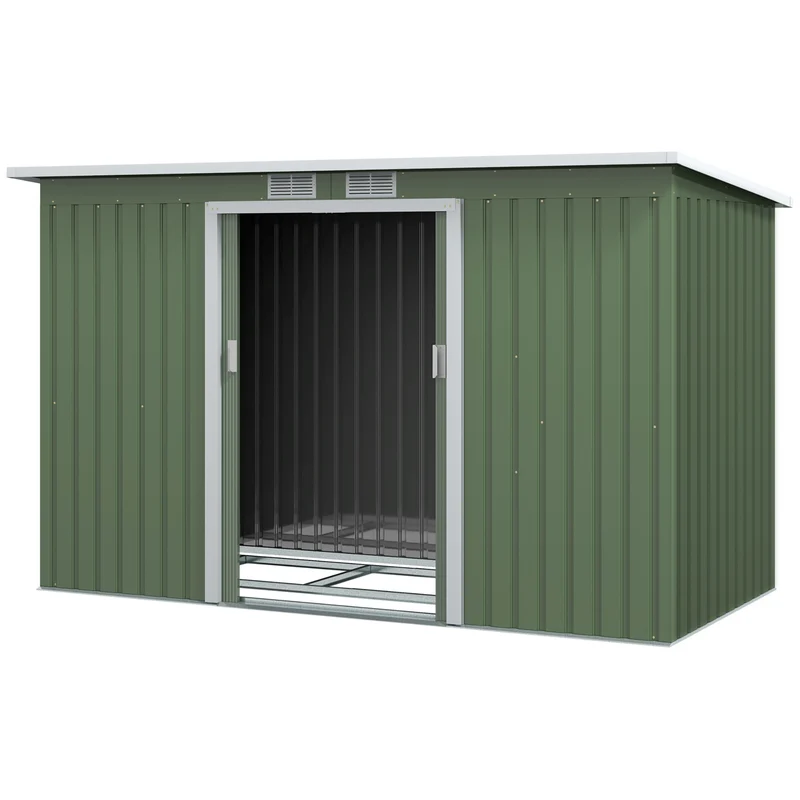Abri de jardin pour outils et poubelles 280 x 130 x 172 cm grand ventilé moderne épuré en acier galvanisé vert clair 21_0004039