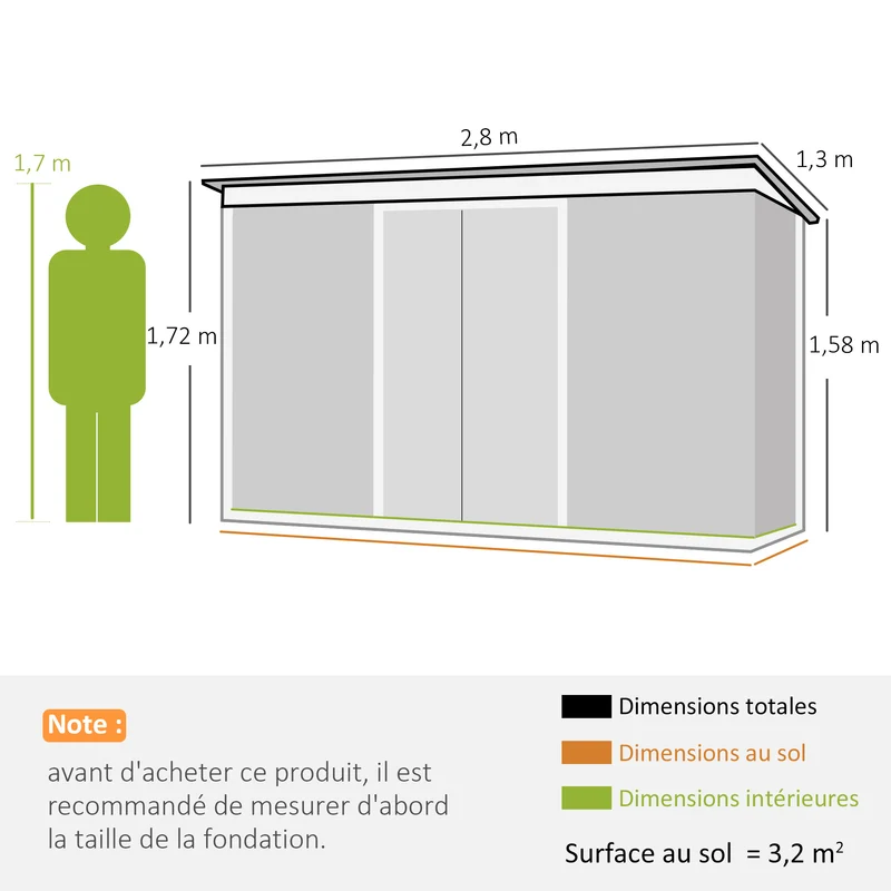 Abri de jardin pour outils et poubelles 280 x 130 x 172 cm grand ventilé moderne épuré en acier galvanisé vert clair 21_0004039