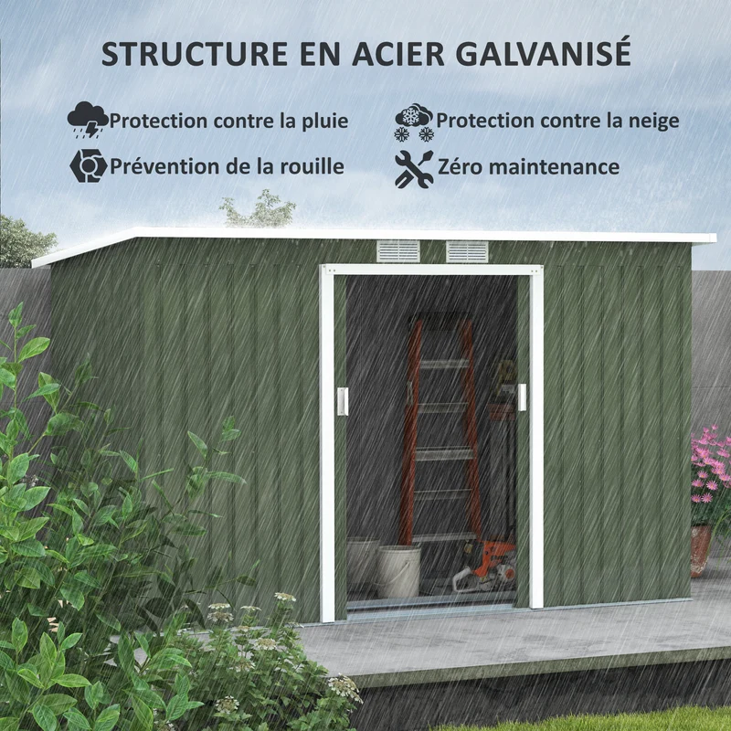 Abri de jardin pour outils et poubelles 280 x 130 x 172 cm grand ventilé moderne épuré en acier galvanisé vert clair 21_0004039