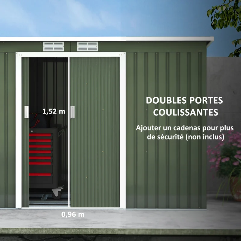 Abri de jardin pour outils et poubelles 280 x 130 x 172 cm grand ventilé moderne épuré en acier galvanisé vert clair 21_0004039