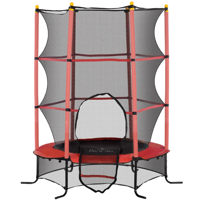 Trampoline enfant rond jardin 163 x 190 cm avec filet de sécurité porte zippée et suspension élastique design en PP rouge 21_0000337