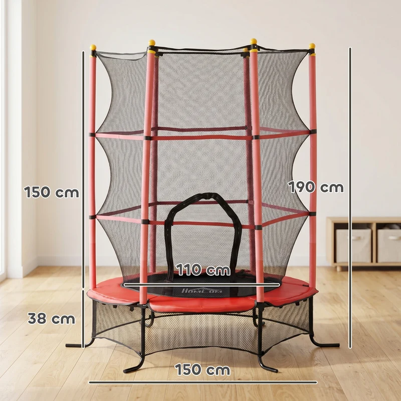 Trampoline enfant rond jardin 163 x 190 cm avec filet de sécurité porte zippée et suspension élastique design en PP rouge 21_0000337