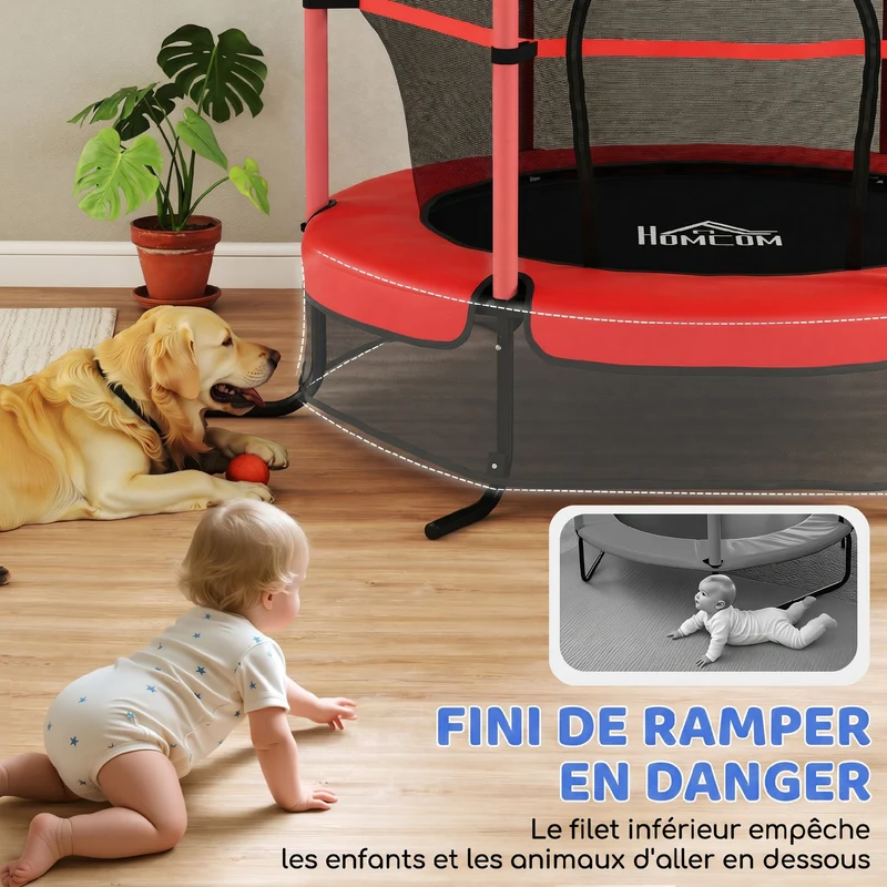 Trampoline enfant rond jardin 163 x 190 cm avec filet de sécurité porte zippée et suspension élastique design en PP rouge 21_0000337