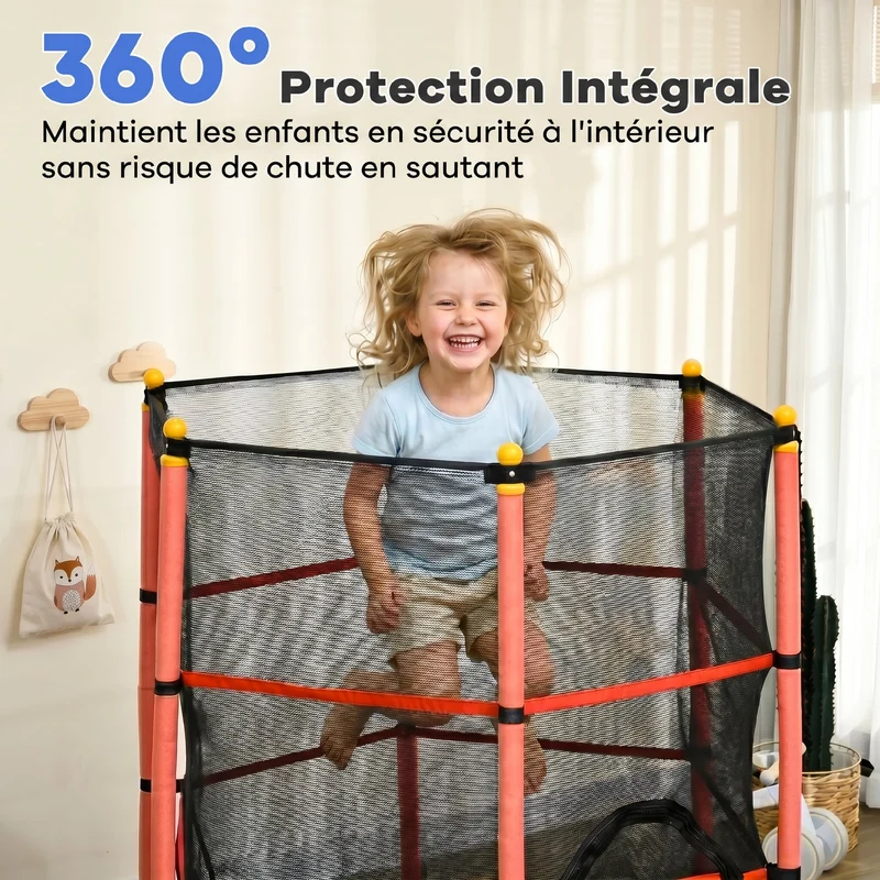 Trampoline enfant rond jardin 163 x 190 cm avec filet de sécurité porte zippée et suspension élastique design en PP rouge 21_0000337