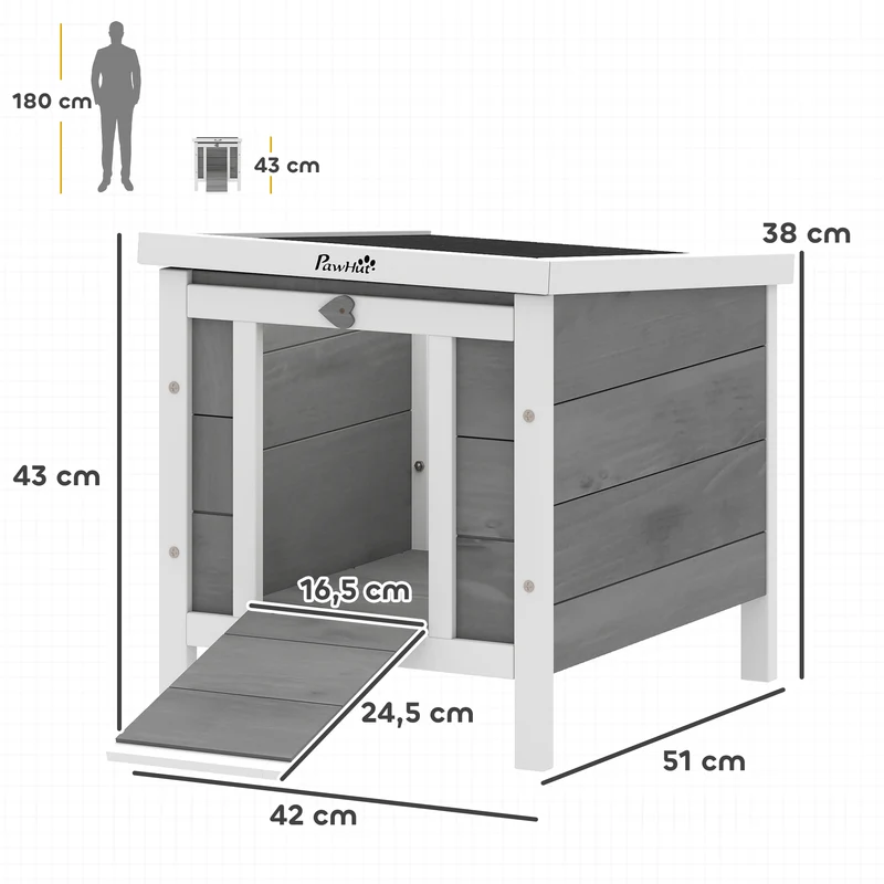 Clapier extérieur surélevé 51 x 42 x 43 cm rampe antidérapante toit étanche compact style rustique en bois de sapin gris 21_0007895