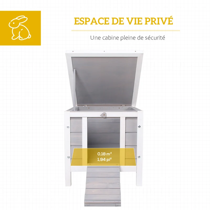 Clapier extérieur surélevé 51 x 42 x 43 cm rampe antidérapante toit étanche compact style rustique en bois de sapin gris 21_0007895