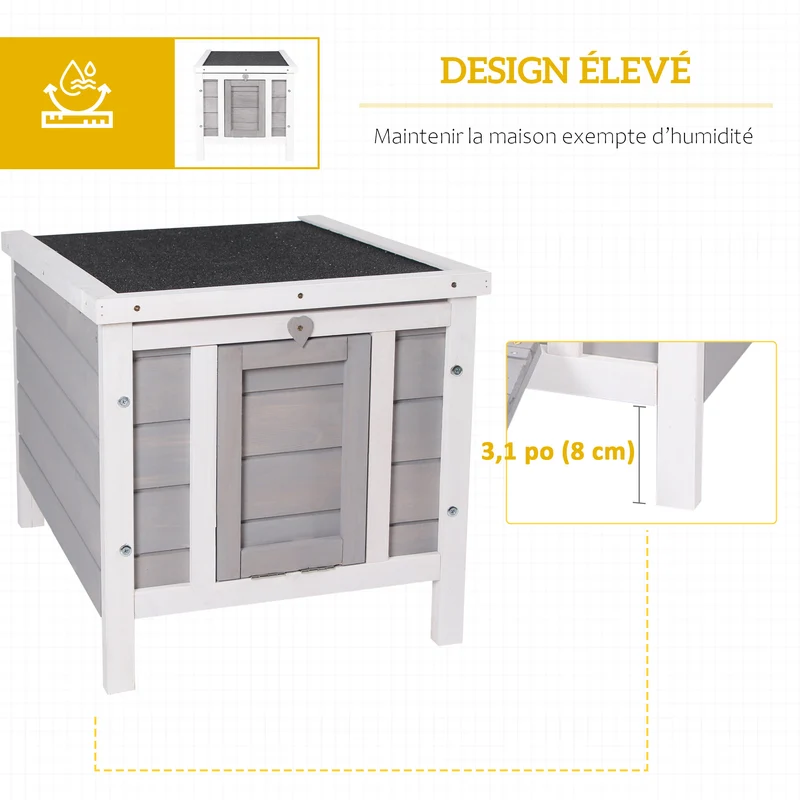 Clapier extérieur surélevé 51 x 42 x 43 cm rampe antidérapante toit étanche compact style rustique en bois de sapin gris 21_0007895