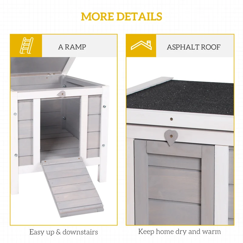 Clapier extérieur surélevé 51 x 42 x 43 cm rampe antidérapante toit étanche compact style rustique en bois de sapin gris 21_0007895