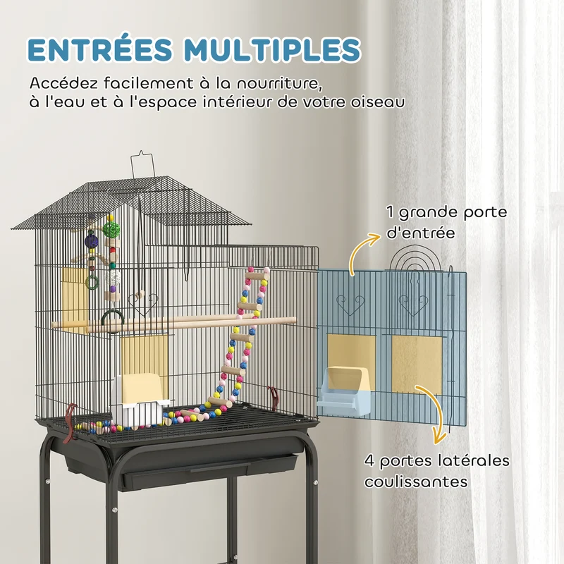 Cage à oiseaux sur roulettes 46 x 36 x 120 cm plateau coulissant perchoirs inclus moderne contemporain en acier noir 21_0007579