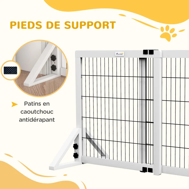 Barrière de sécurité pour chien autoportante réglable 63-106 x 44 x 67 cm antidérapante stable style épuré en bois blanc 21_0007459