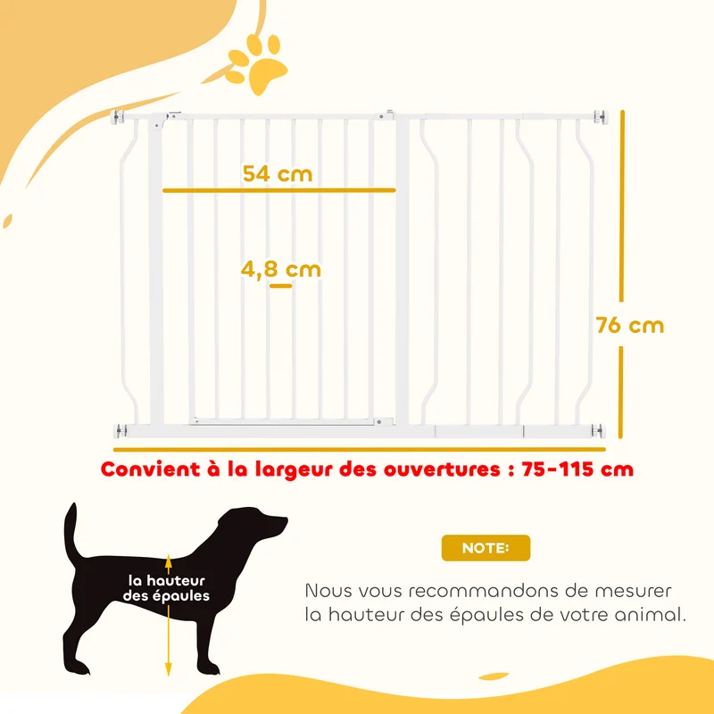 Barrière de sécurité pour animal réglable 75-115 x 76 cm double verrouillage ouverture 2 sens style épuré en acier blanc 21_0007423