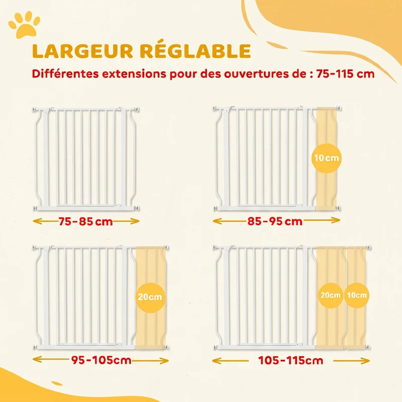 Barrière de sécurité pour animal réglable 75-115 x 76 cm double verrouillage ouverture 2 sens style épuré en acier blanc 21_0007423