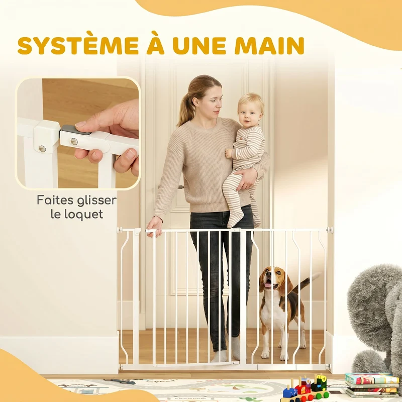 Barrière de sécurité pour animal réglable 75-115 x 76 cm double verrouillage ouverture 2 sens style épuré en acier blanc 21_0007423