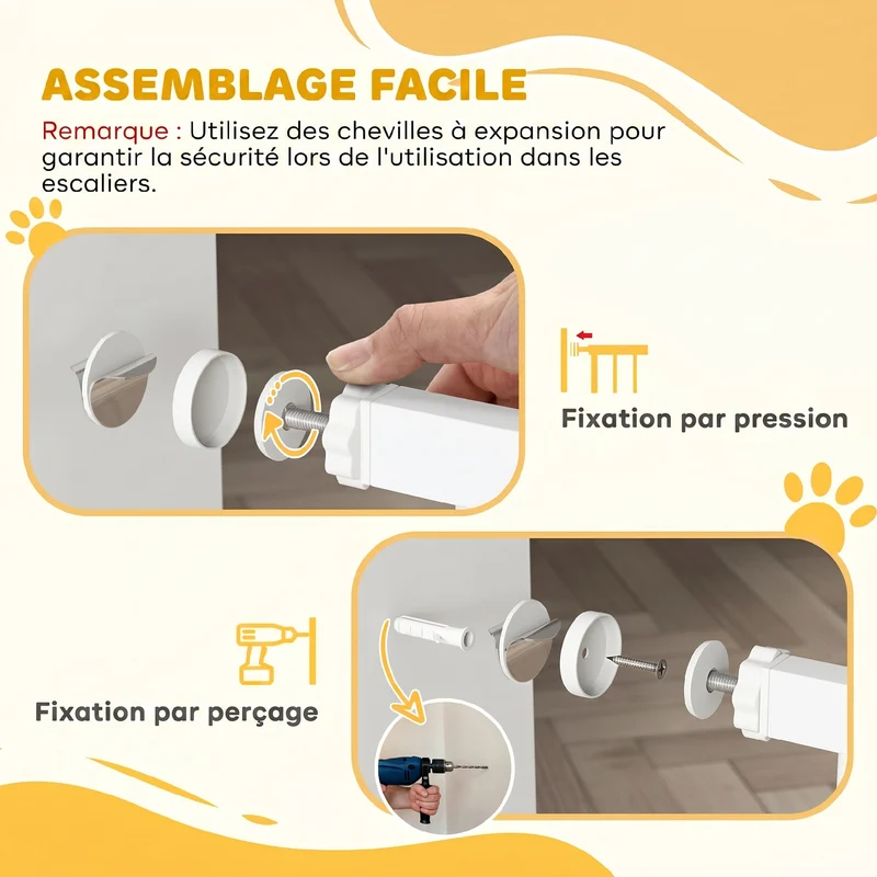 Barrière de sécurité pour animal réglable 75-115 x 76 cm double verrouillage ouverture 2 sens style épuré en acier blanc 21_0007423
