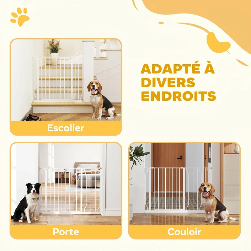 Barrière de sécurité pour animal réglable 75-115 x 76 cm double verrouillage ouverture 2 sens style épuré en acier blanc 21_0007423