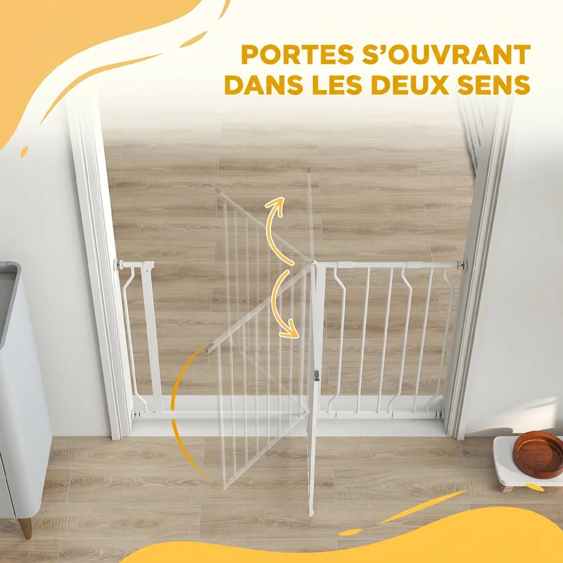Barrière de sécurité pour animal réglable 75-115 x 76 cm double verrouillage ouverture 2 sens style épuré en acier blanc 21_0007423