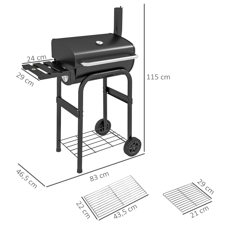 Barbecue à charbon chariot 83 x 46,5 x 115 cm grande surface de cuisson thermomètre intégré style moderne en métal noir 21_0004405