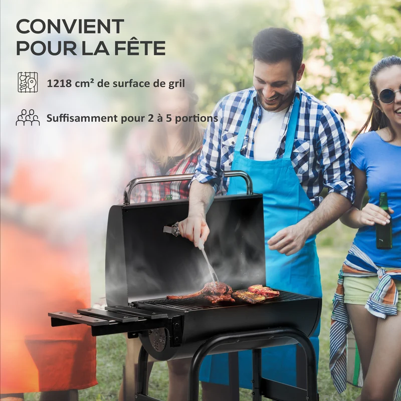Barbecue à charbon chariot 83 x 46,5 x 115 cm grande surface de cuisson thermomètre intégré style moderne en métal noir 21_0004405