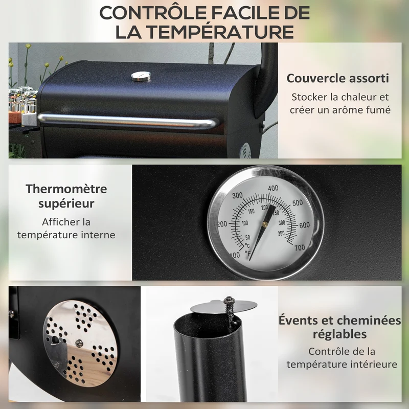Barbecue à charbon chariot 83 x 46,5 x 115 cm grande surface de cuisson thermomètre intégré style moderne en métal noir 21_0004405