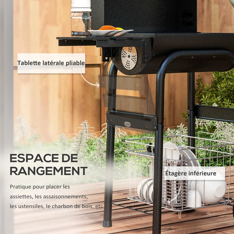 Barbecue à charbon chariot 83 x 46,5 x 115 cm grande surface de cuisson thermomètre intégré style moderne en métal noir 21_0004405