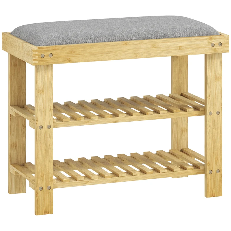 Banc à chaussures entrée avec assise rembourrée 60 x 29 x 49 cm rangement 2 niveaux confort scandinave en bambou gris 21_0002732