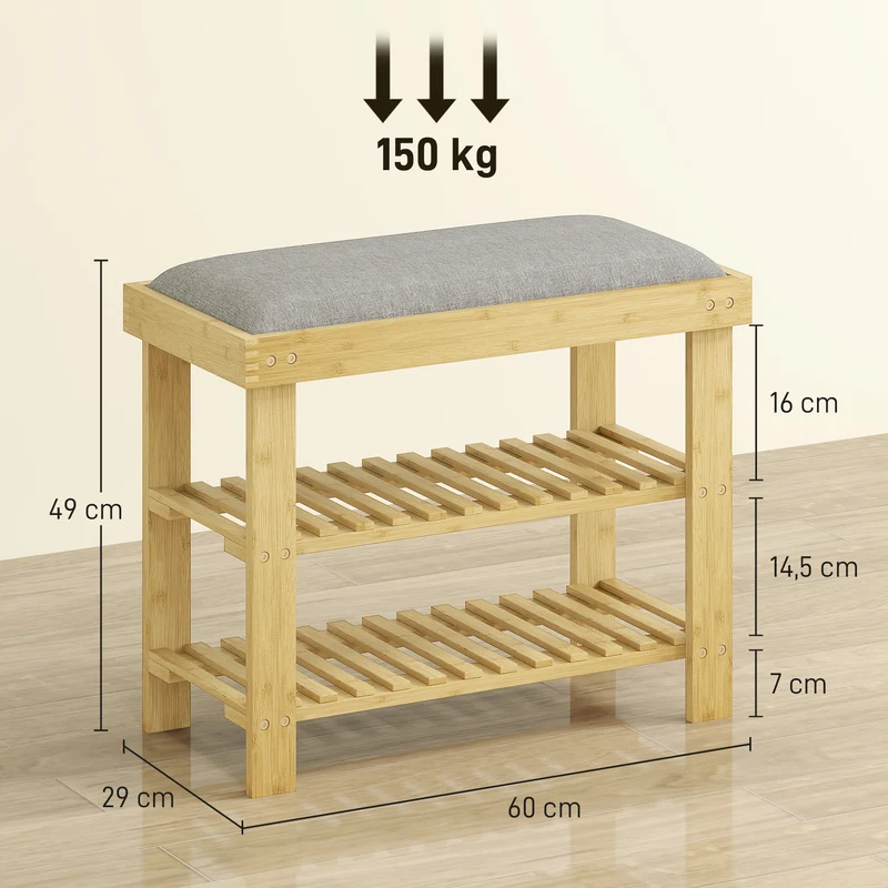 Banc à chaussures entrée avec assise rembourrée 60 x 29 x 49 cm rangement 2 niveaux confort scandinave en bambou gris 21_0002732