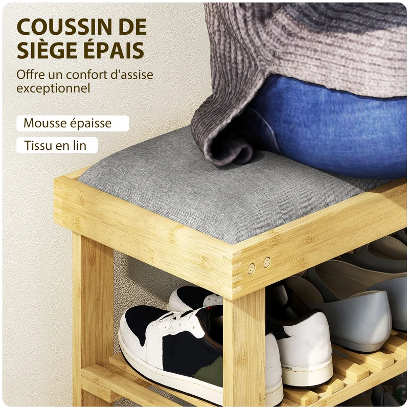 Banc à chaussures entrée avec assise rembourrée 60 x 29 x 49 cm rangement 2 niveaux confort scandinave en bambou gris 21_0002732