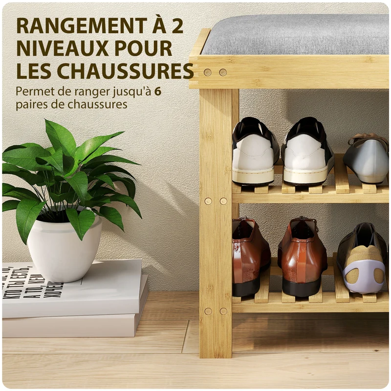 Banc à chaussures entrée avec assise rembourrée 60 x 29 x 49 cm rangement 2 niveaux confort scandinave en bambou gris 21_0002732