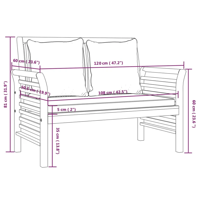 Banc de jardin meuble de patio d'extérieur terrasse de canapé avec coussins 120 x 60 x 81 cm gris foncé bois d'acacia solide 02_0011139