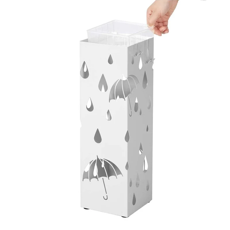 Porte parapluies en métal carré support pour parapluies avec un plateau et crochets 49 x 155 x 155 cm blanc 12_0007021