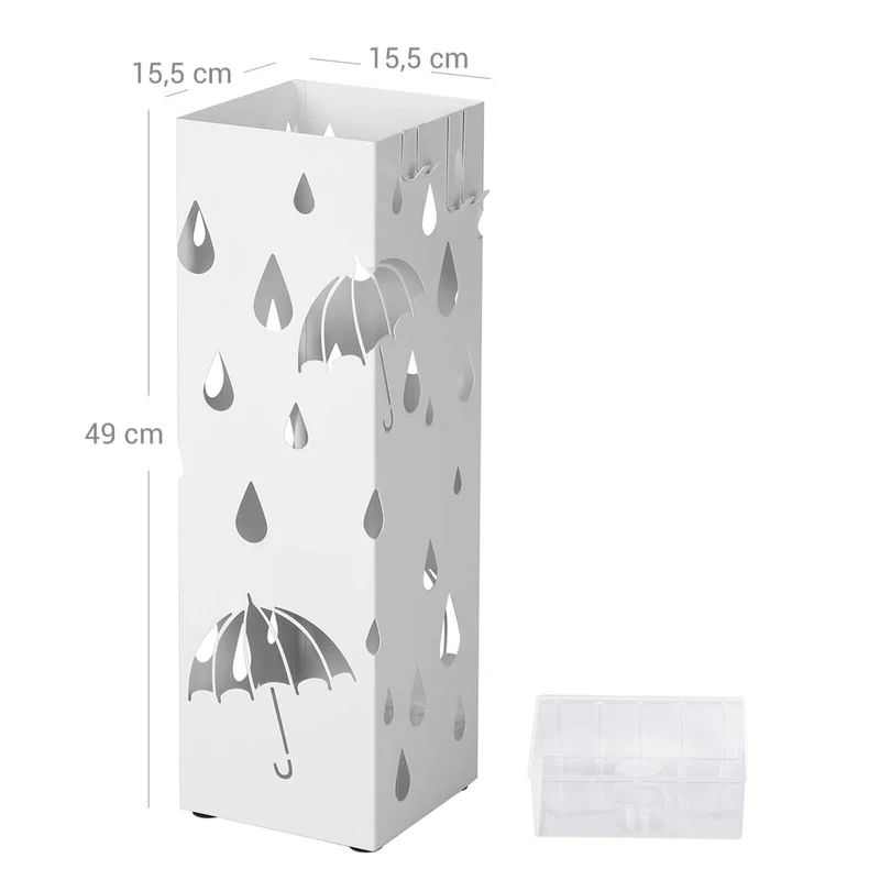 Porte parapluies en métal carré support pour parapluies avec un plateau et crochets 49 x 155 x 155 cm blanc 12_0007021