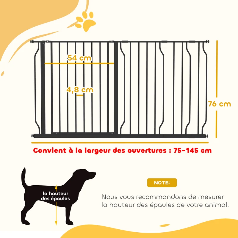 Barrière de sécurité pour animaux réglable 145 x 4 x 76 cm double verrouillage double sens moderne épuré en acier noir 21_0007425