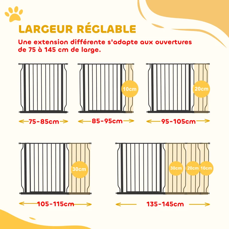 Barrière de sécurité pour animaux réglable 145 x 4 x 76 cm double verrouillage double sens moderne épuré en acier noir 21_0007425