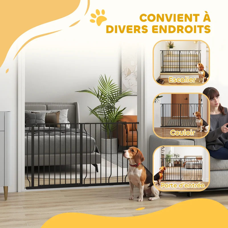 Barrière de sécurité pour animaux réglable 145 x 4 x 76 cm double verrouillage double sens moderne épuré en acier noir 21_0007425