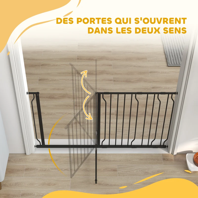 Barrière de sécurité pour animaux réglable 145 x 4 x 76 cm double verrouillage double sens moderne épuré en acier noir 21_0007425