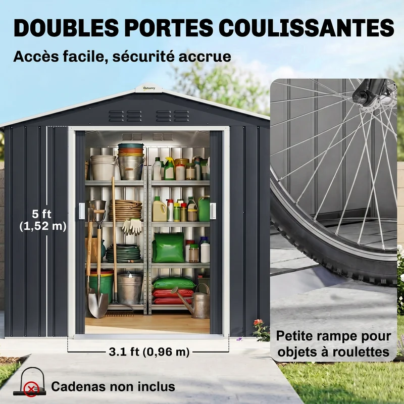 Abri de jardin rangement 213 x 130 x 185 cm porte coulissante aération naturelle moderne en acier galvanisé gris foncé 21_0004030