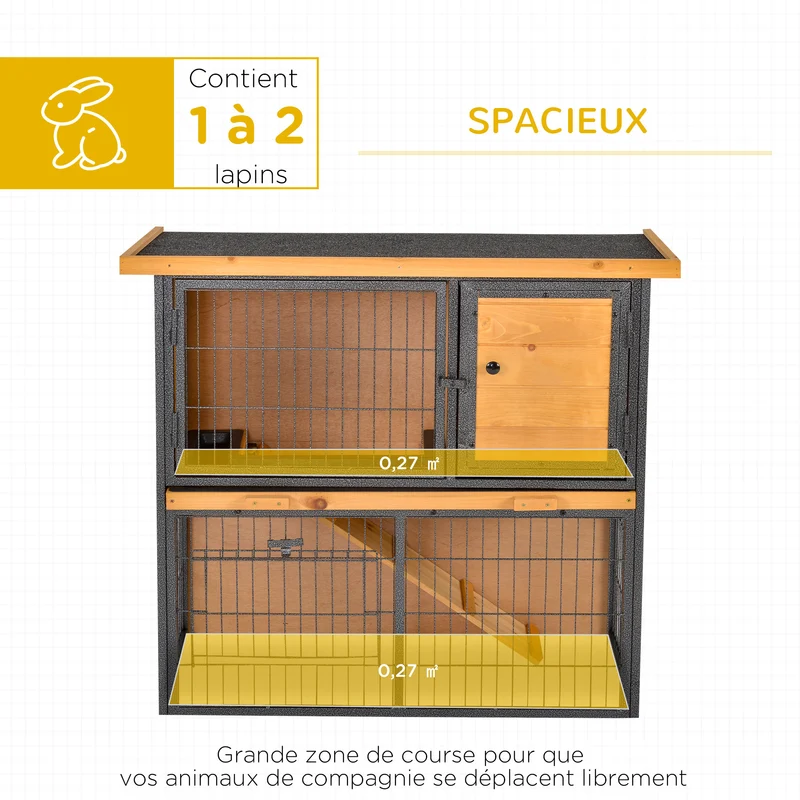 Clapier pour lapins 2 niveaux 90 x 45 x 81 cm toit bitumé tiroir à déjection rustique contemporain jardin en bois orange 21_0007912