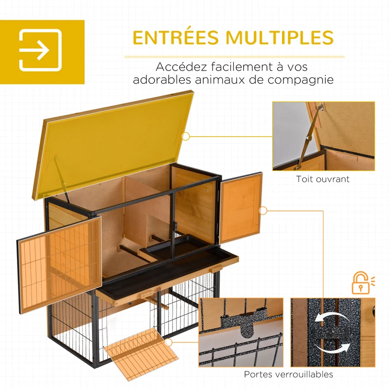 Clapier pour lapins 2 niveaux 90 x 45 x 81 cm toit bitumé tiroir à déjection rustique contemporain jardin en bois orange 21_0007912
