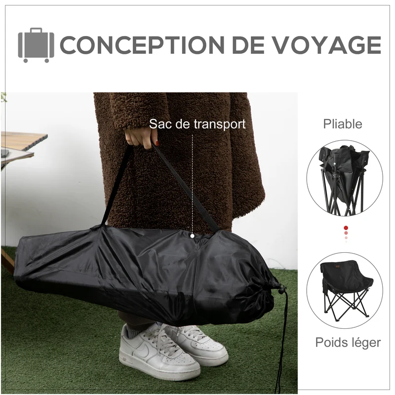 Chaise de camping pliable 61 x 54 x 66 cm ultralégère avec sac transport et poche latérale design en tissu oxford noir 21_0006472